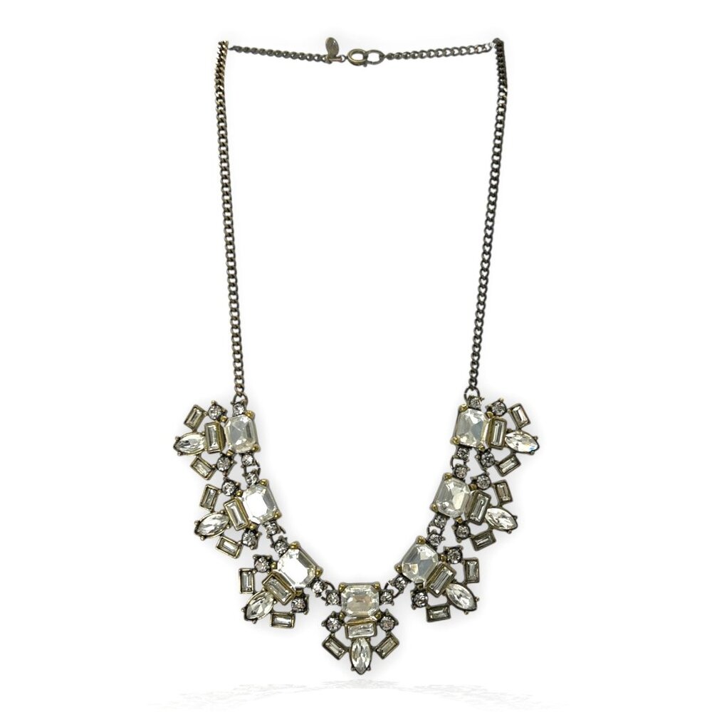 LOFT Vintage Antique Gold Tone Necklace Bib Rhinestone Cluster Baguette Marquise